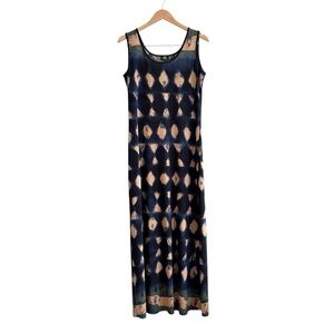 Donna Sleeveless Navy and Beige Pattern Maxi Dress